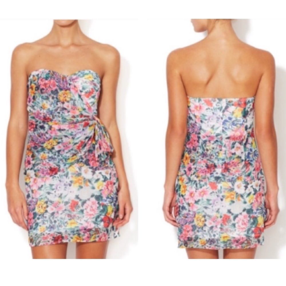 Yumi Kim Silk Dress Strapless Katie Floral Sheath Rouched Mini Dress Sz S - Picture 1 of 14